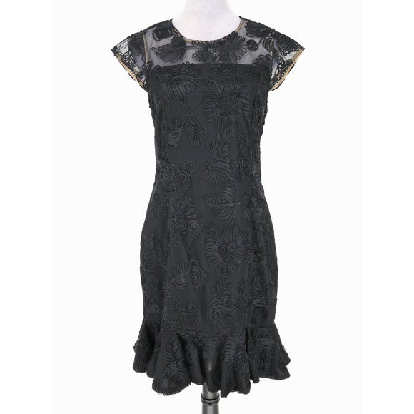 H Halston Dress Womens 8 Black Mesh Embroidered Side Zip Lined Ruffle Hem Party - Picture 1 of 14